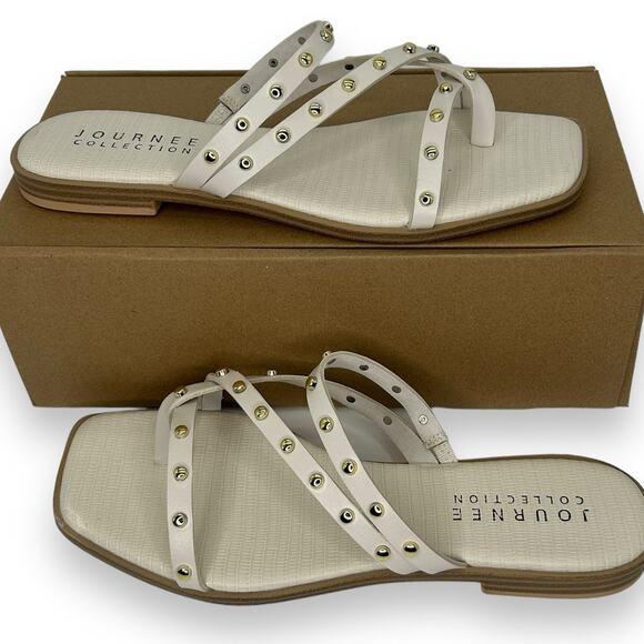 NEW Journee White Strappy Studded Sandals Size 10 Gold Beach Summer - Picture 4 of 10